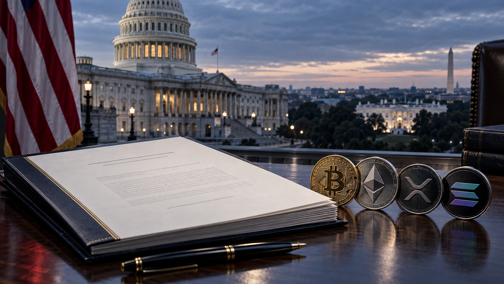 CLARITY Act mit Bitcoin, Ethereum, XRP und Solana vor dem US-Kapitol und dem Weißen Haus