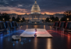 US-Kapitol mit Verhandlungstisch und zerrissenem Kryptogesetz als Symbol für neue Gespräche über den CLARITY Act