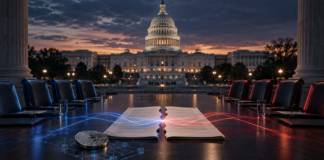 US-Kapitol mit Verhandlungstisch und zerrissenem Kryptogesetz als Symbol für neue Gespräche über den CLARITY Act