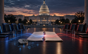 US-Kapitol mit Verhandlungstisch und zerrissenem Kryptogesetz als Symbol für neue Gespräche über den CLARITY Act