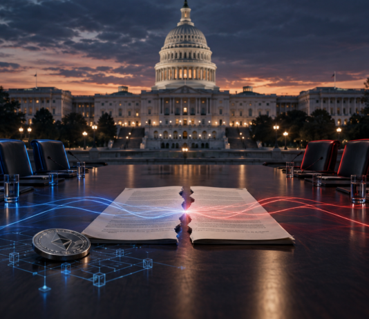 US-Kapitol mit Verhandlungstisch und zerrissenem Kryptogesetz als Symbol für neue Gespräche über den CLARITY Act