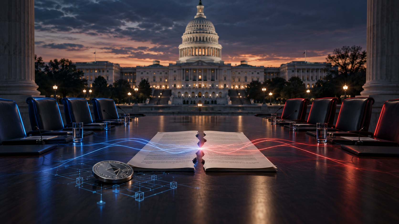 US-Kapitol mit Verhandlungstisch und zerrissenem Kryptogesetz als Symbol für neue Gespräche über den CLARITY Act