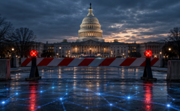 US-Kapitol hinter einer Straßensperre als Symbol für den Stillstand beim CLARITY Act