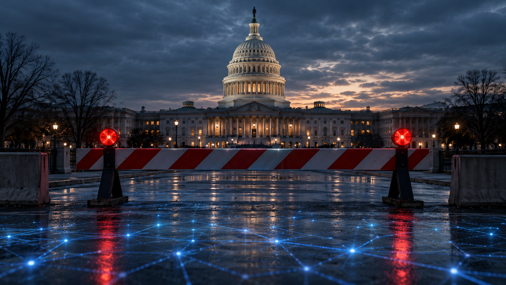 US-Kapitol hinter einer Straßensperre als Symbol für den Stillstand beim CLARITY Act