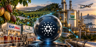 Cardano-Symbol zwischen einer Lebensmittelproduktion mit Kraft-Heinz-Logo und einer Petrobras-Raffinerie mit Flugzeug.