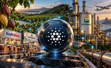 Cardano-Symbol zwischen einer Lebensmittelproduktion mit Kraft-Heinz-Logo und einer Petrobras-Raffinerie mit Flugzeug.