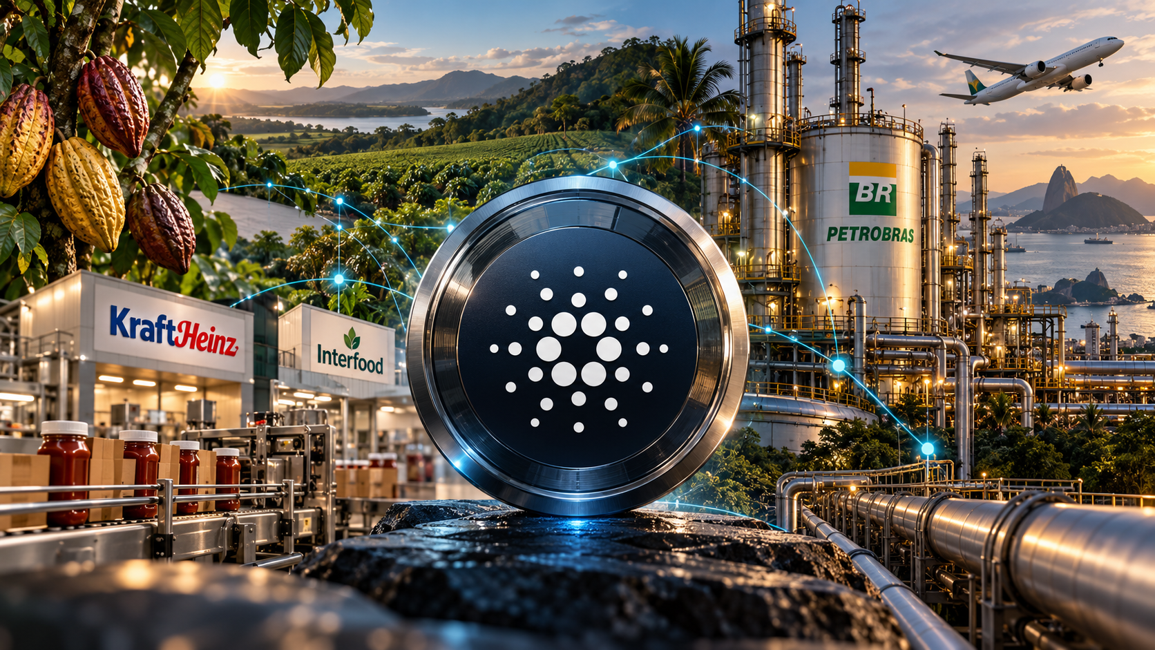 Cardano-Symbol zwischen einer Lebensmittelproduktion mit Kraft-Heinz-Logo und einer Petrobras-Raffinerie mit Flugzeug.