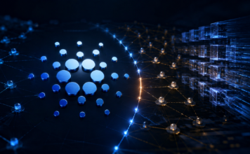Cardano verhindert Governance-Blockade: Weg für Leios ist frei Cardano-Symbol vor einem digitalen Netzwerk zur Governance-Abstimmung und zum Leios-Upgrade