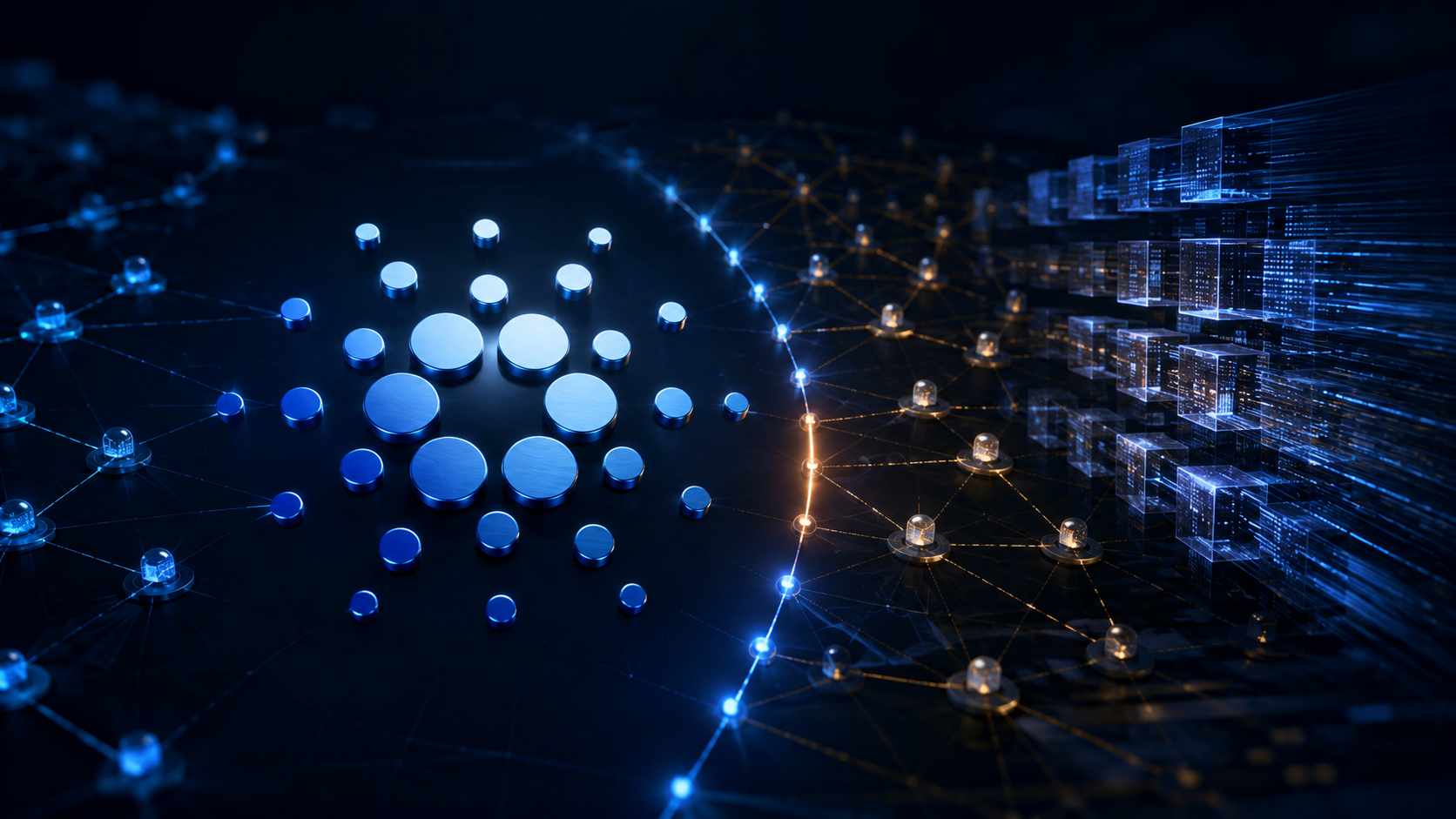 Cardano-Symbol vor einem digitalen Netzwerk zur Governance-Abstimmung und zum Leios-Upgrade