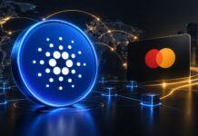 Leuchtende Cardano-Münze vor digitaler Weltkarte und Mastercard-Karte als Symbolbild für Cardanos Einstieg in das Mastercard-Partnerprogramm.