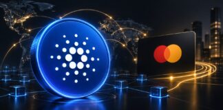 Leuchtende Cardano-Münze vor digitaler Weltkarte und Mastercard-Karte als Symbolbild für Cardanos Einstieg in das Mastercard-Partnerprogramm.