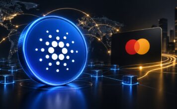 Leuchtende Cardano-Münze vor digitaler Weltkarte und Mastercard-Karte als Symbolbild für Cardanos Einstieg in das Mastercard-Partnerprogramm.