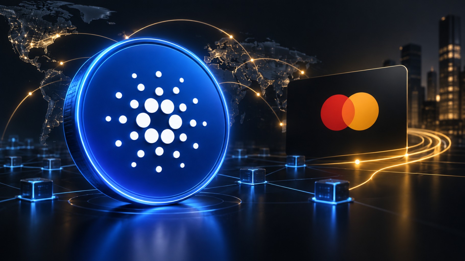 Leuchtende Cardano-Münze vor digitaler Weltkarte und Mastercard-Karte als Symbolbild für Cardanos Einstieg in das Mastercard-Partnerprogramm.