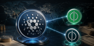 Cardano-Symbol verbunden mit den RealFi-Token USDr und sUSDr vor einer digitalen Weltkarte