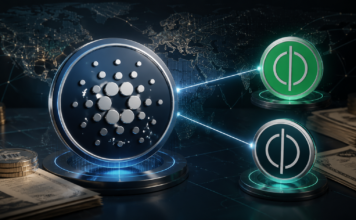 Cardano-Symbol verbunden mit den RealFi-Token USDr und sUSDr vor einer digitalen Weltkarte