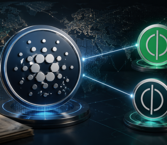 Cardano-Symbol verbunden mit den RealFi-Token USDr und sUSDr vor einer digitalen Weltkarte