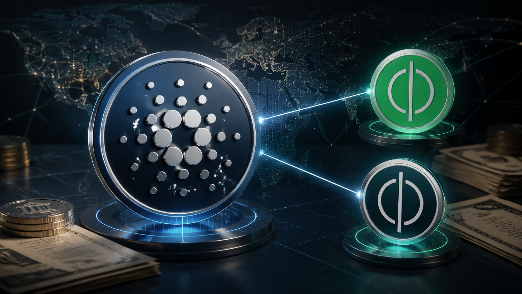Cardano-Symbol verbunden mit den RealFi-Token USDr und sUSDr vor einer digitalen Weltkarte