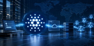 Cardano-Logo zwischen API-Client, Server und Blockchain-Nodes als Symbol für die x402-Integration