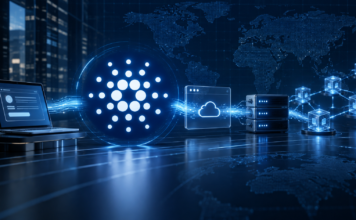 Cardano-Logo zwischen API-Client, Server und Blockchain-Nodes als Symbol für die x402-Integration
