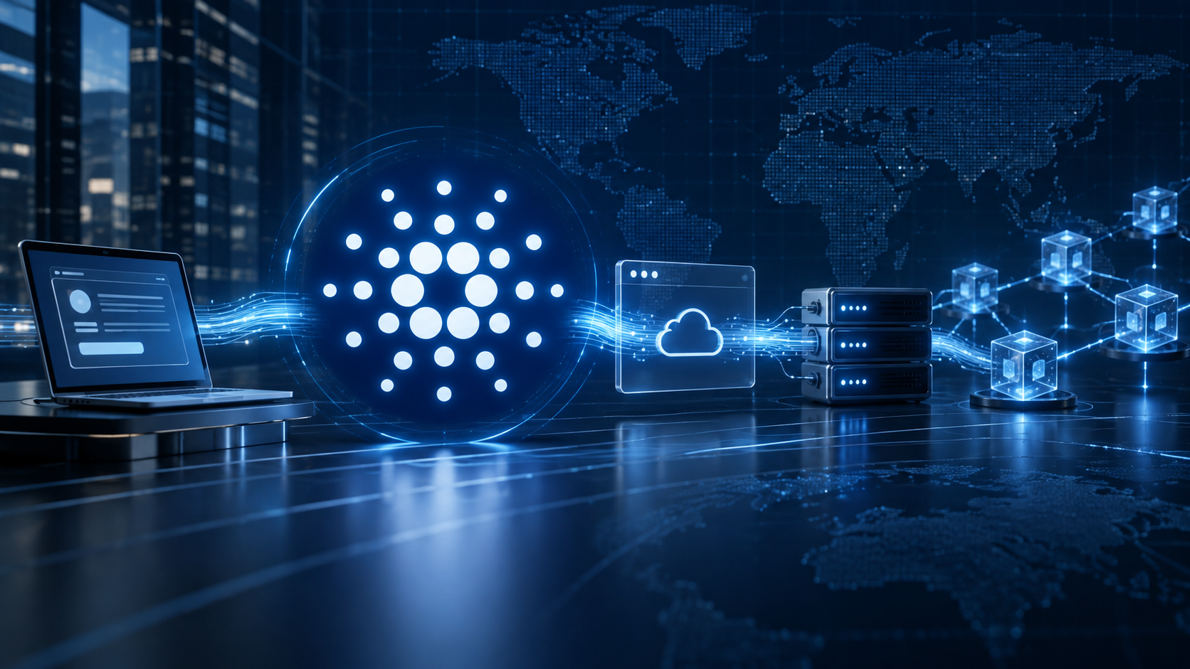 Cardano-Logo zwischen API-Client, Server und Blockchain-Nodes als Symbol für die x402-Integration