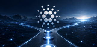 Cardano-Logo über einer verzweigten digitalen Roadmap zum geplanten Dijkstra-Hard-Fork