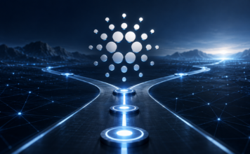 Cardano-Logo über einer verzweigten digitalen Roadmap zum geplanten Dijkstra-Hard-Fork