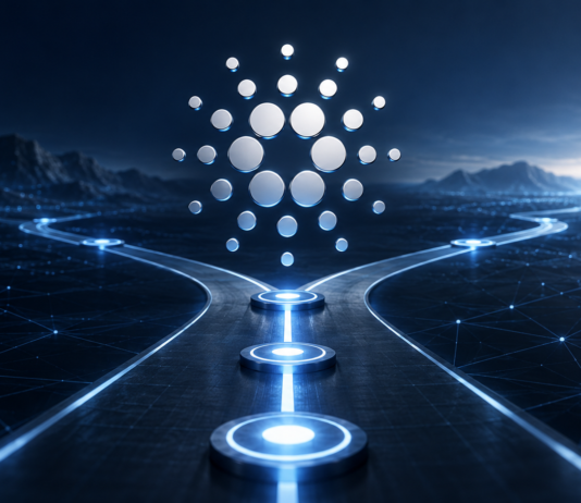 Cardano-Logo über einer verzweigten digitalen Roadmap zum geplanten Dijkstra-Hard-Fork