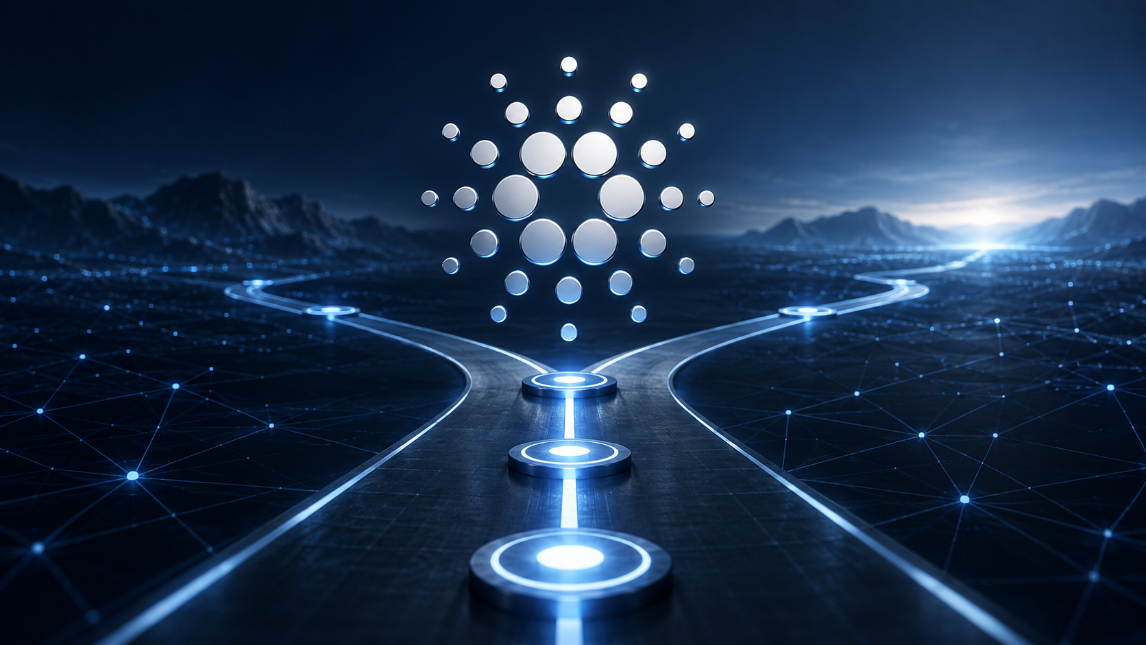 Cardano-Logo über einer verzweigten digitalen Roadmap zum geplanten Dijkstra-Hard-Fork