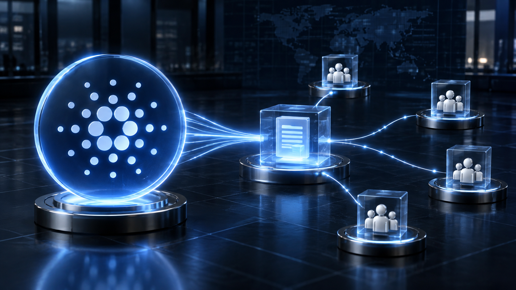 Cardano-Symbol mit vernetzten Entwicklungsknoten zur Dezentralisierung der Plutus-Entwicklung