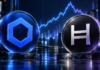Chainlink- und Hedera-Logo vor einem stilisierten Kurschart