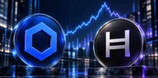 Chainlink und Hedera explodieren: Das steckt hinter der Rallye von LINK und HBAR Chainlink- und Hedera-Logo vor einem stilisierten Kurschart