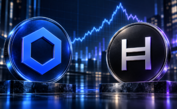 Chainlink und Hedera explodieren: Das steckt hinter der Rallye von LINK und HBAR Chainlink- und Hedera-Logo vor einem stilisierten Kurschart