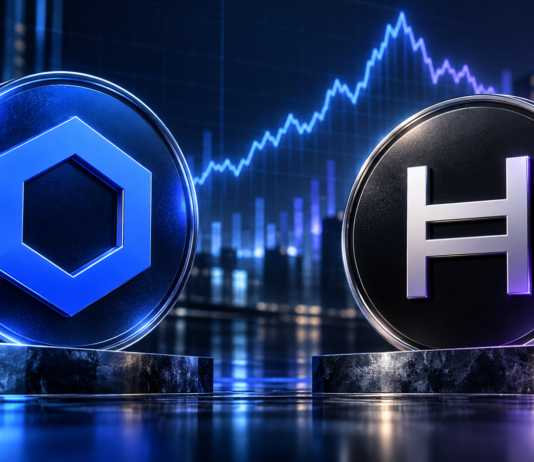 Chainlink- und Hedera-Logo vor einem stilisierten Kurschart