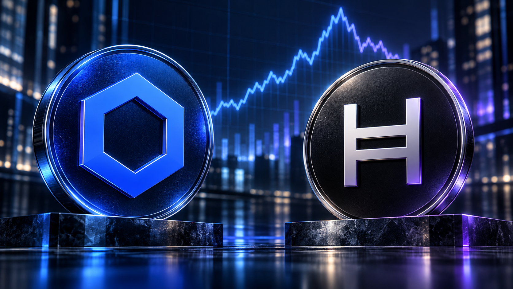 Chainlink- und Hedera-Logo vor einem stilisierten Kurschart