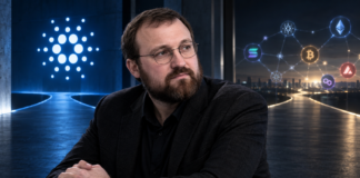 Charles Hoskinson vor dem Cardano-Logo und einem Netzwerk mehrerer Blockchains