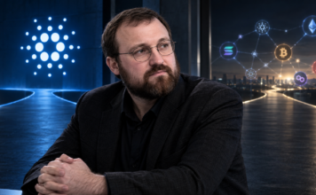 Charles Hoskinson vor dem Cardano-Logo und einem Netzwerk mehrerer Blockchains
