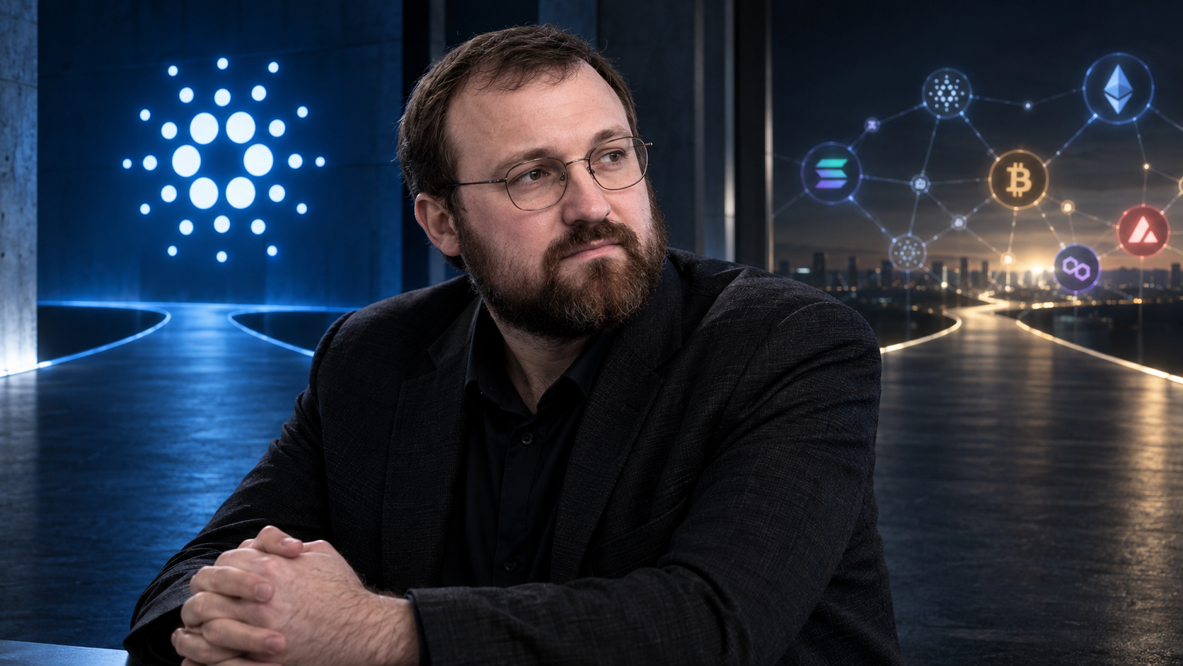 Charles Hoskinson vor dem Cardano-Logo und einem Netzwerk mehrerer Blockchains