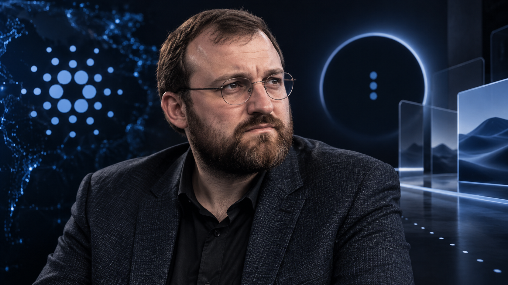 Charles Hoskinson vor stilisierten Symbolen von Cardano und Midnight