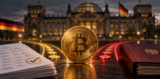 Bitcoin-Münze vor dem Reichstag neben Petitionsunterlagen und einem Steuerordner