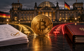 Bitcoin-Münze vor dem Reichstag neben Petitionsunterlagen und einem Steuerordner