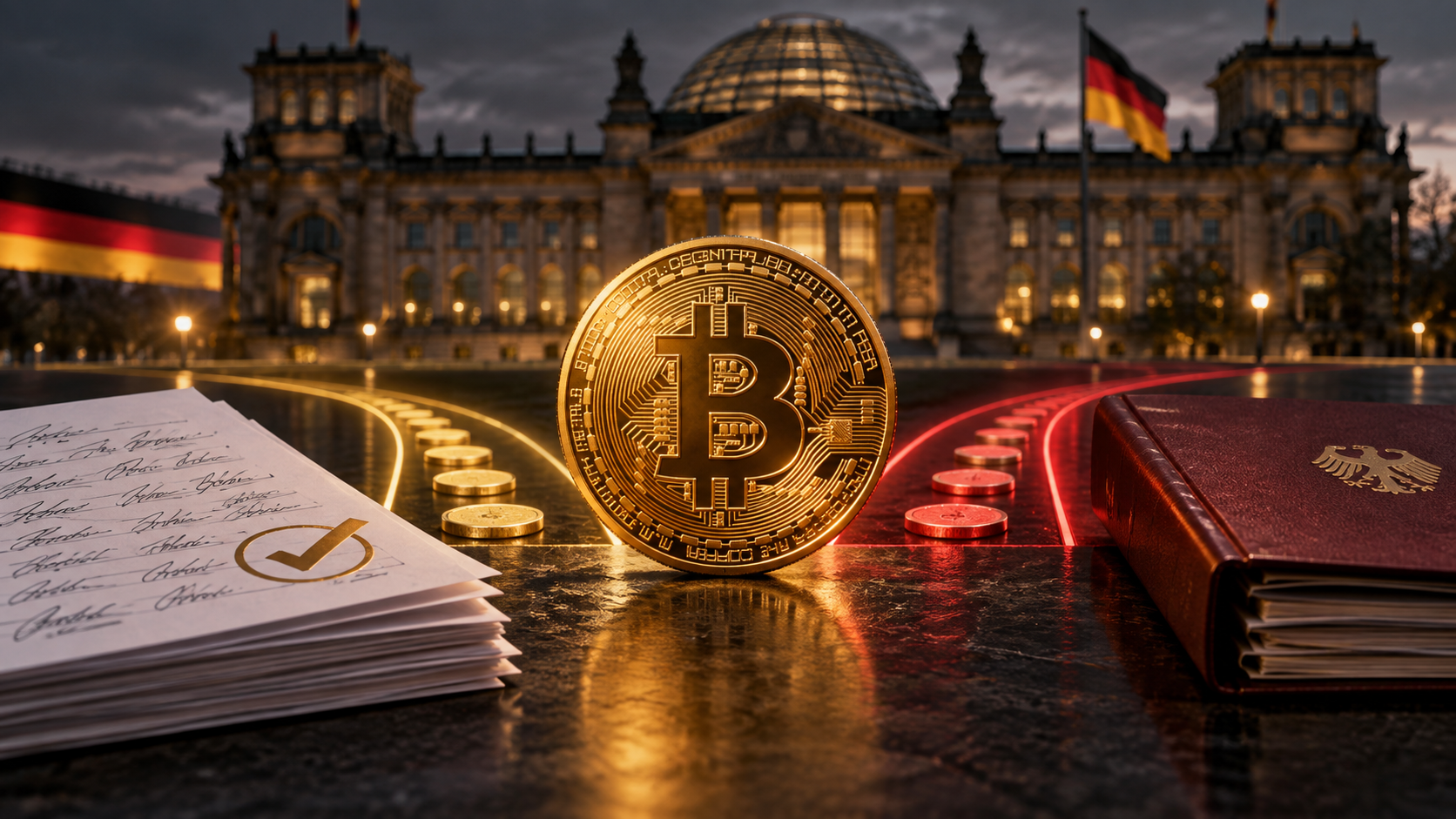 Bitcoin-Münze vor dem Reichstag neben Petitionsunterlagen und einem Steuerordner
