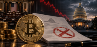 CLARITY Act-Schock: Ist der Bitcoin-Bullenmarkt jetzt in Gefahr? Bitcoin vor dem US-Kapitol nach dem Scheitern des CLARITY Act