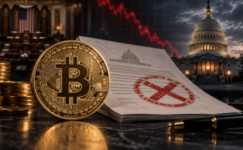 CLARITY Act-Schock: Ist der Bitcoin-Bullenmarkt jetzt in Gefahr? Bitcoin vor dem US-Kapitol nach dem Scheitern des CLARITY Act