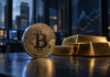 JPMorgan: Bitcoin könnte Gold outperformen – dieses Signal spricht dafür Bitcoin-Münze neben Goldbarren vor einem institutionellen Handelsumfeld