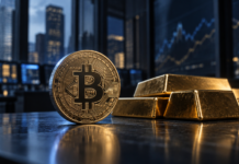 JPMorgan: Bitcoin könnte Gold outperformen – dieses Signal spricht dafür Bitcoin-Münze neben Goldbarren vor einem institutionellen Handelsumfeld
