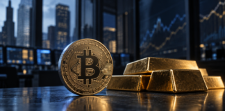 Bitcoin-Münze neben Goldbarren vor einem institutionellen Handelsumfeld