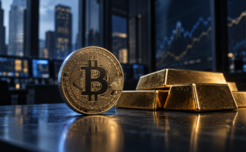 Bitcoin-Münze neben Goldbarren vor einem institutionellen Handelsumfeld