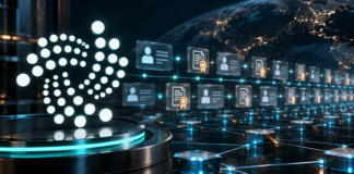 IOTA-Logo neben digitalen Identitäten und verknüpften Nachweisen auf einem Blockchain-Netzwerk