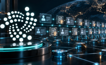 IOTA-Logo neben digitalen Identitäten und verknüpften Nachweisen auf einem Blockchain-Netzwerk