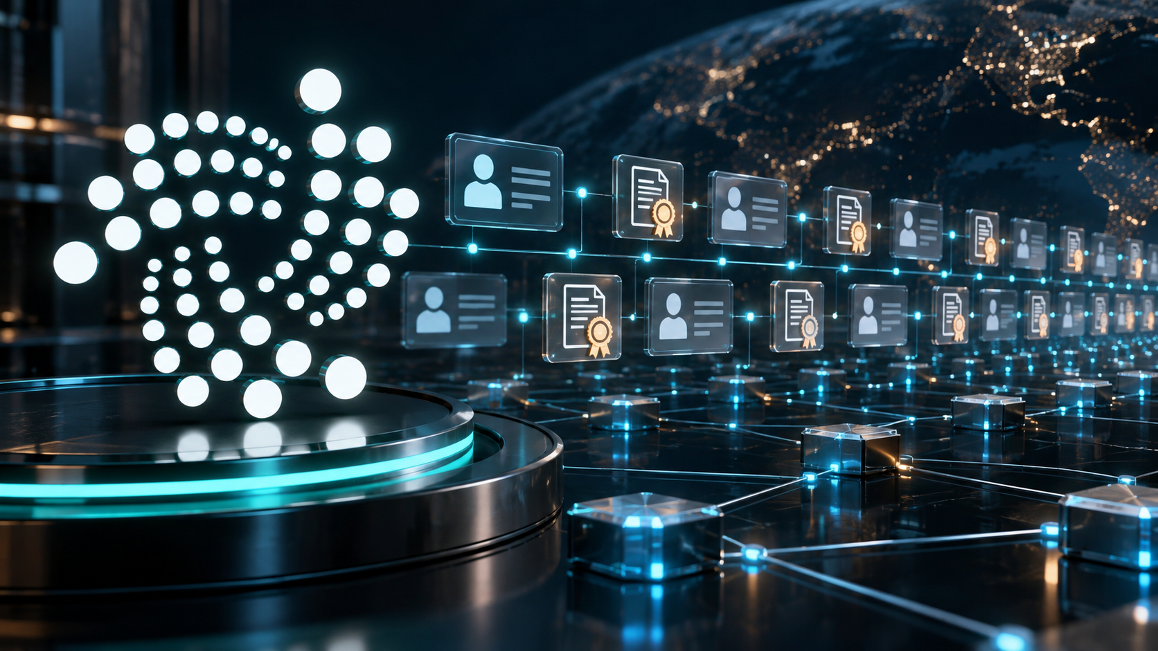 IOTA-Logo neben digitalen Identitäten und verknüpften Nachweisen auf einem Blockchain-Netzwerk